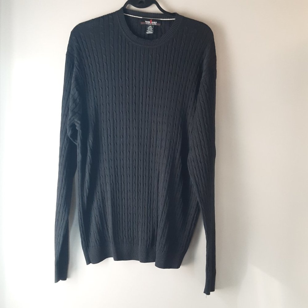 Weir Golf Men's Black Silk & Cotton Crewneck Cable Knit Sweater Large
